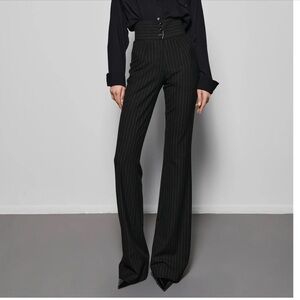 High-Waist Pinstripe Wide-Leg Trousers - Black